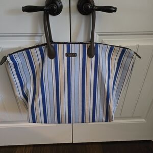 Longaberger Striped Blue, Yellow, and White Zippered Tote Bag